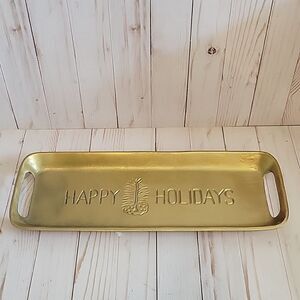 HAPPY Holidays Goldtone Metal  Decor tray Heavy